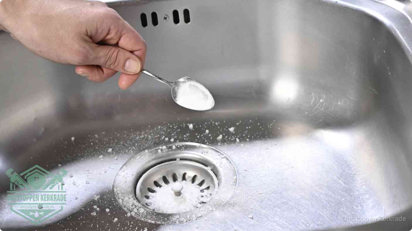 Een hand strooit met een lepel soda in de afvoer van een roestvrijstalen spoelbak, de soda en azijn huismiddel-methode om de afvoer te ontstoppen in Kerkrade