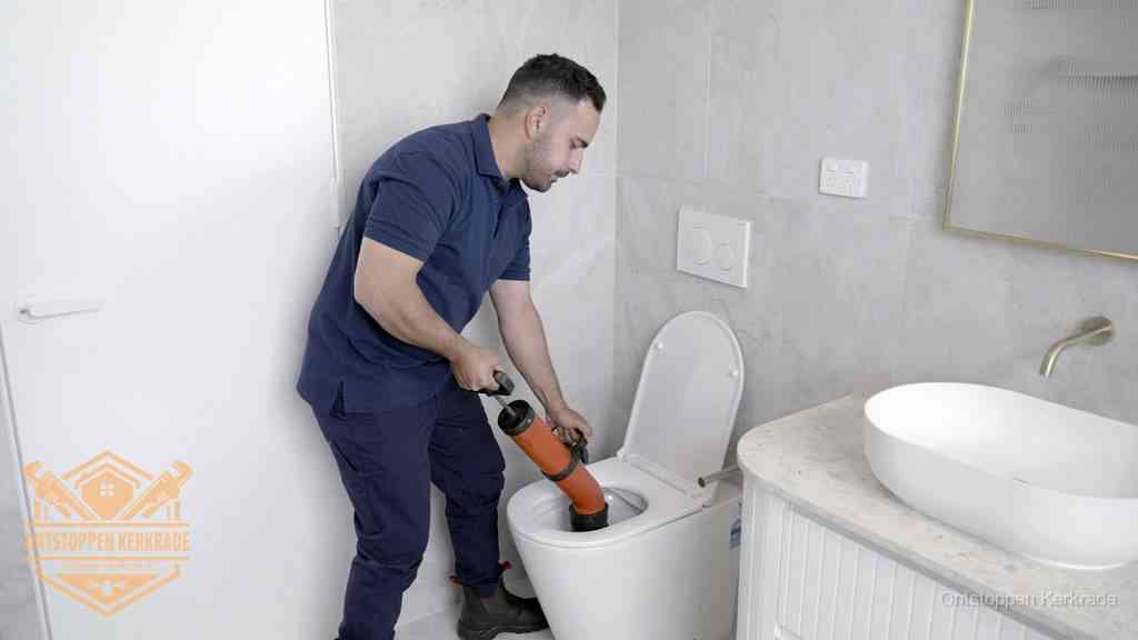 Een monteur gebruikt een handmatige perspomp (toiletontstopper) op een wandcloset tijdens het professioneel wc ontstoppen in Kerkrade