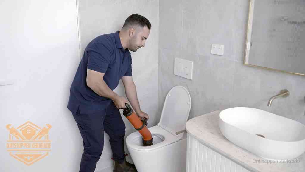 Een man gebruikt een handmatige luchtdruk-ontstopper in een modern betegeld toilet om zelf de wc te ontstoppen in Kerkrade